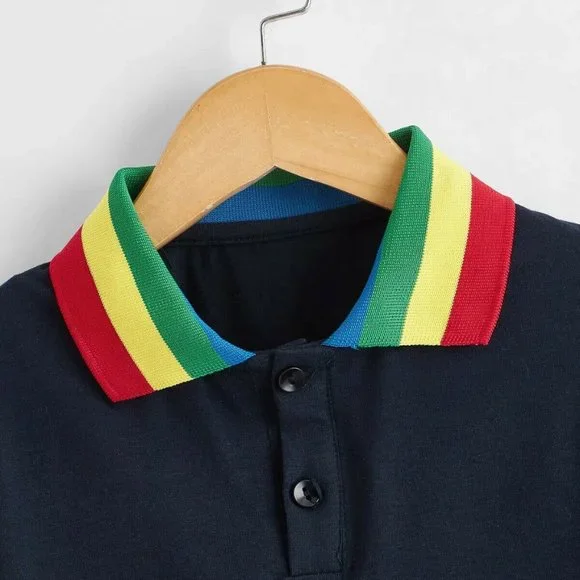 SHEIN Adorable Toddler Boy Contrast Rainbow striped Collar Polo Shirt sz 120 5/6 - Picture 3 of 4